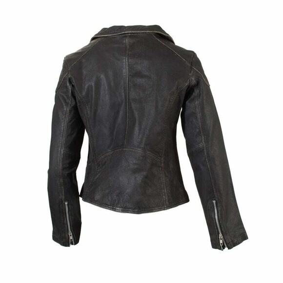 Slightly Distressed Biker Black Leather Jacket Silver Studed Zippered Lizzie - Picture 7 of 9